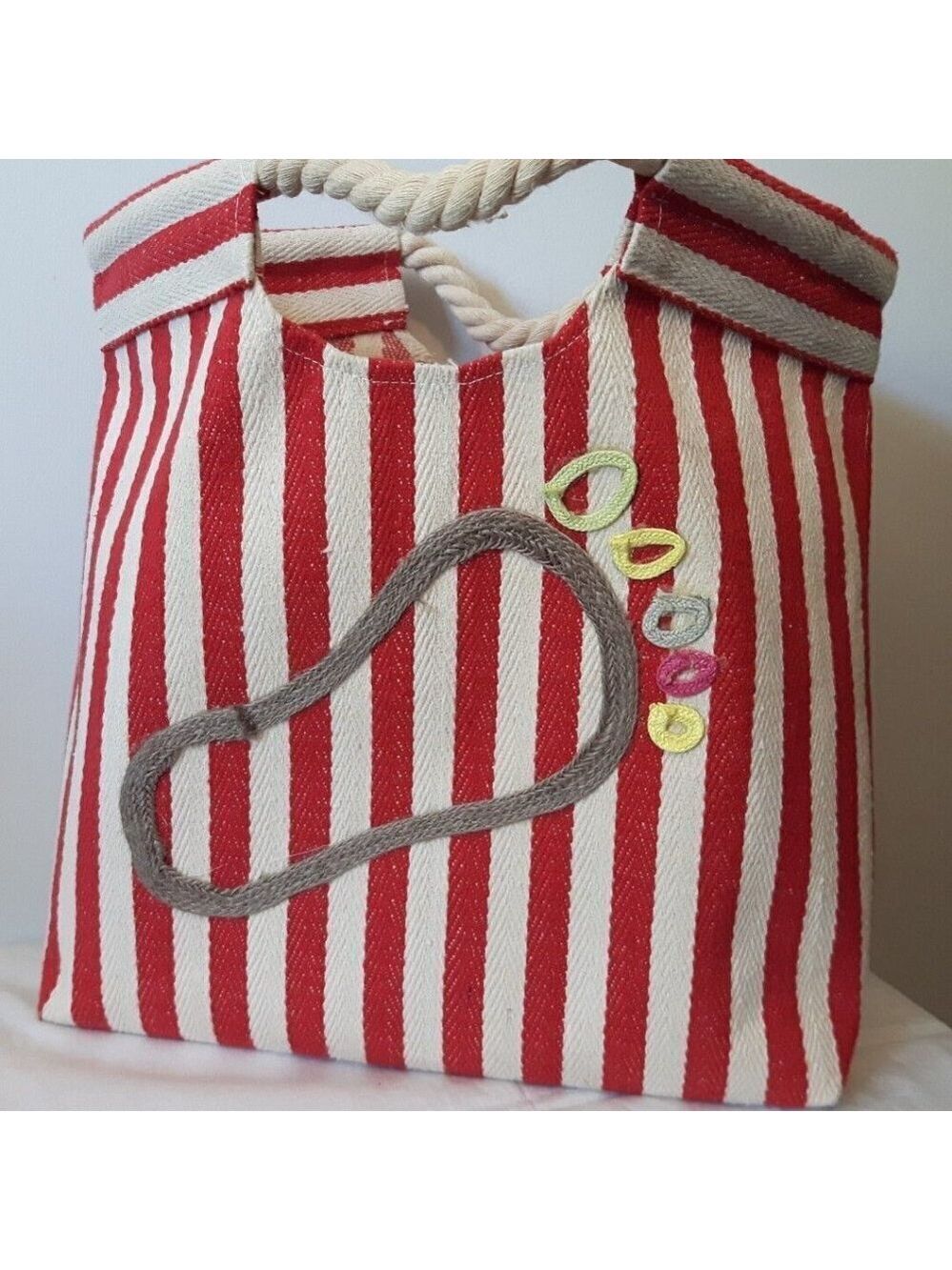 RED WHITE striped canvas BEACH tote NAUTICAL rope handles footprint sand bag